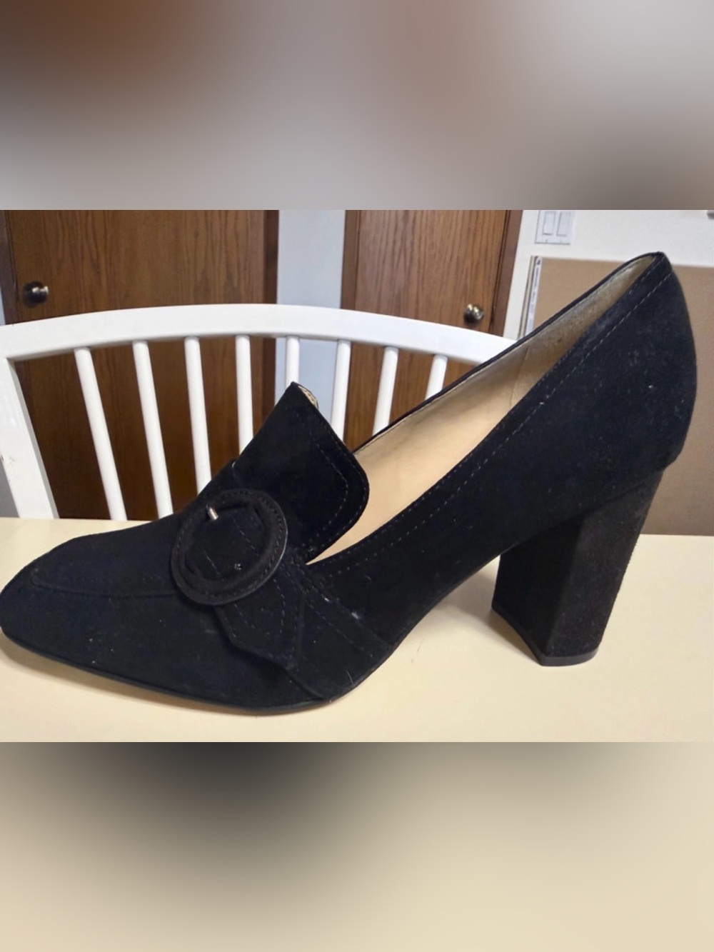 Marc Fisher Black Suede Block Heel Loafer with Round Buckle